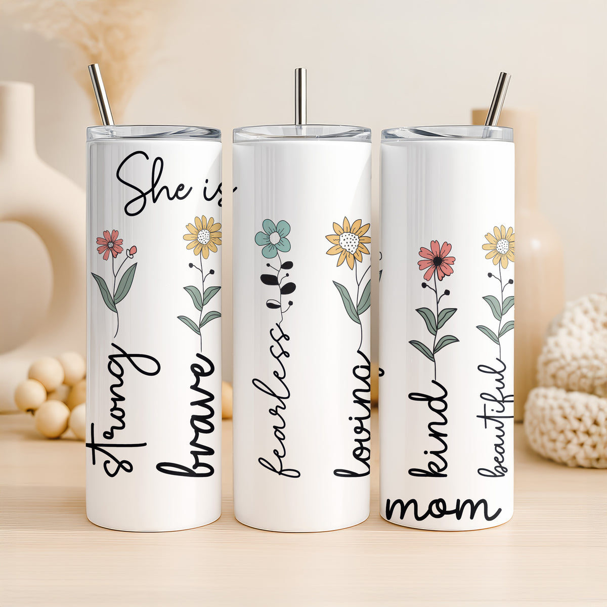 Thermobecher „She is strong, brave, fearless, loving, kind, beautiful mom“ – Geschenk für Mama