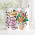 Christlicher Thermobecher „I Am…“ – Inspirierende Bibelverse & Blumen Design