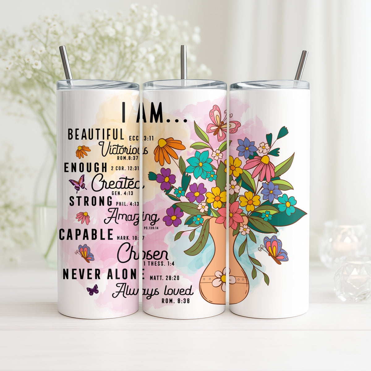 Christlicher Thermobecher „I Am…“ – Inspirierende Bibelverse & Blumen Design