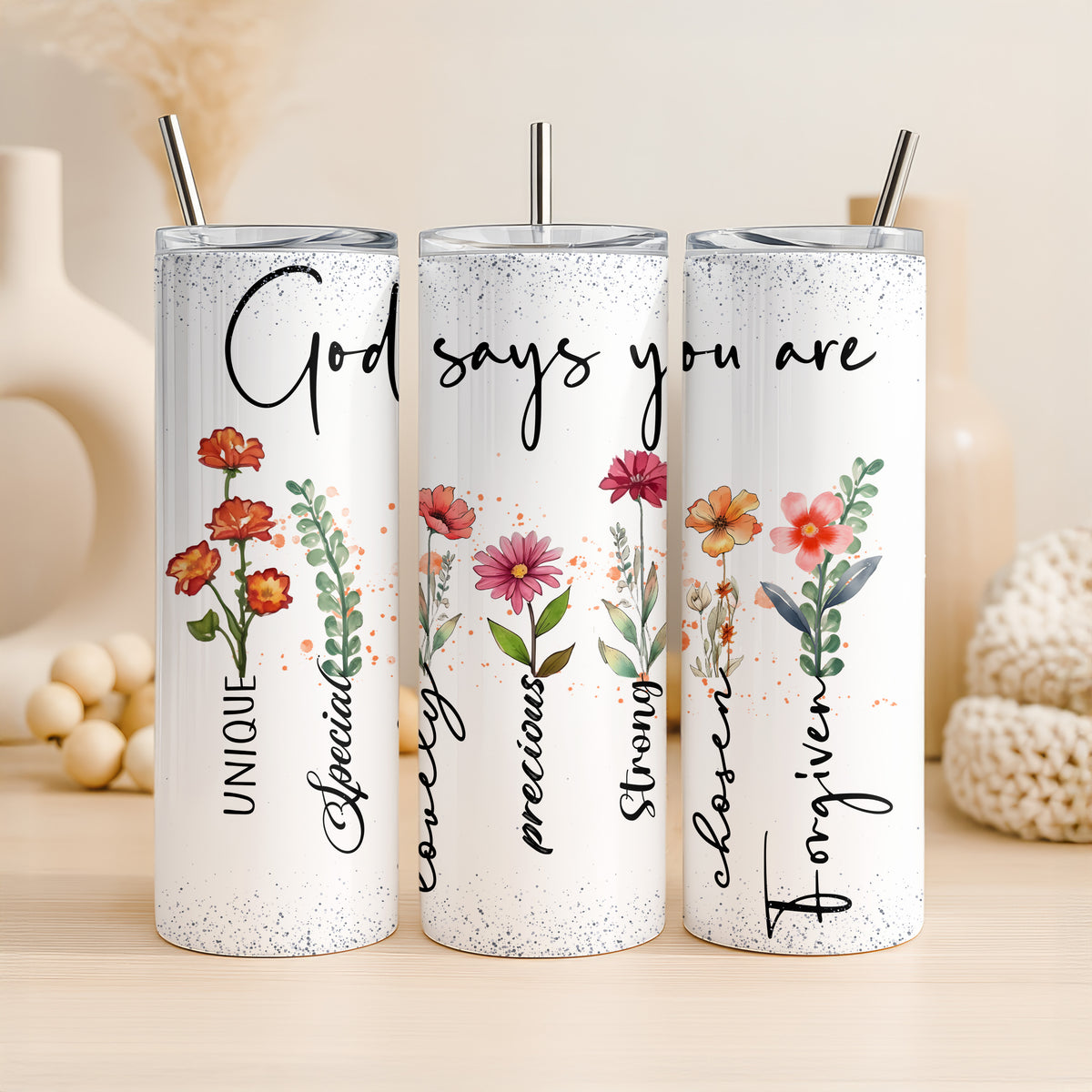 Christlicher Thermobecher „God says you are…“ – Inspirierendes Blumen Design