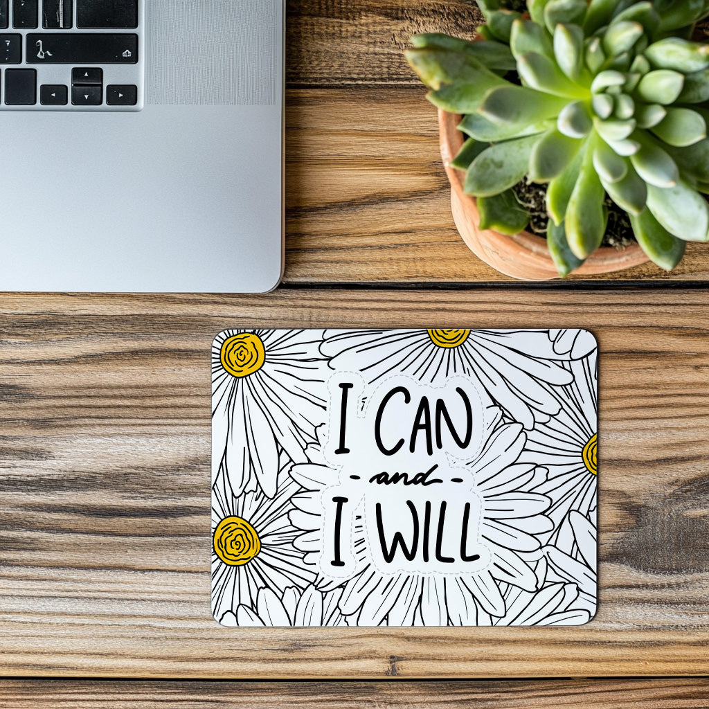 Inspirierendes Mauspad „I Can and I Will“ – Motivations Mousepad mit Blumen Design – Ästhetische Schreibtisch Deko – Geschenk Idee Büro Homeoffice