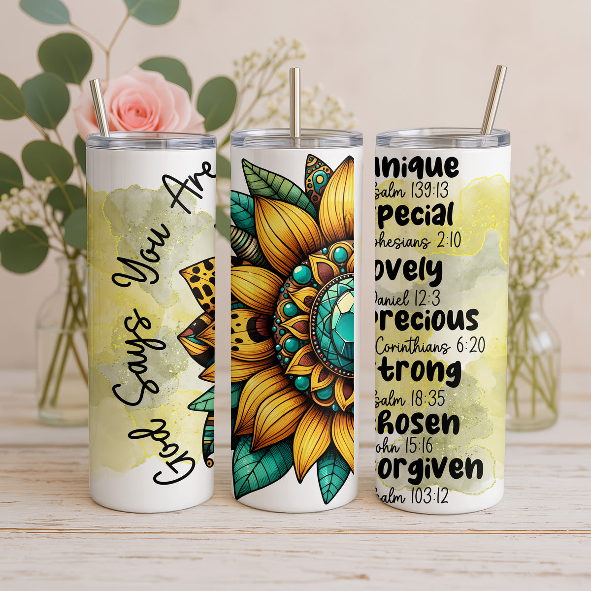 Christlicher Thermobecher „God says you are“ – Sonnenblumen Design mit Bibelversen