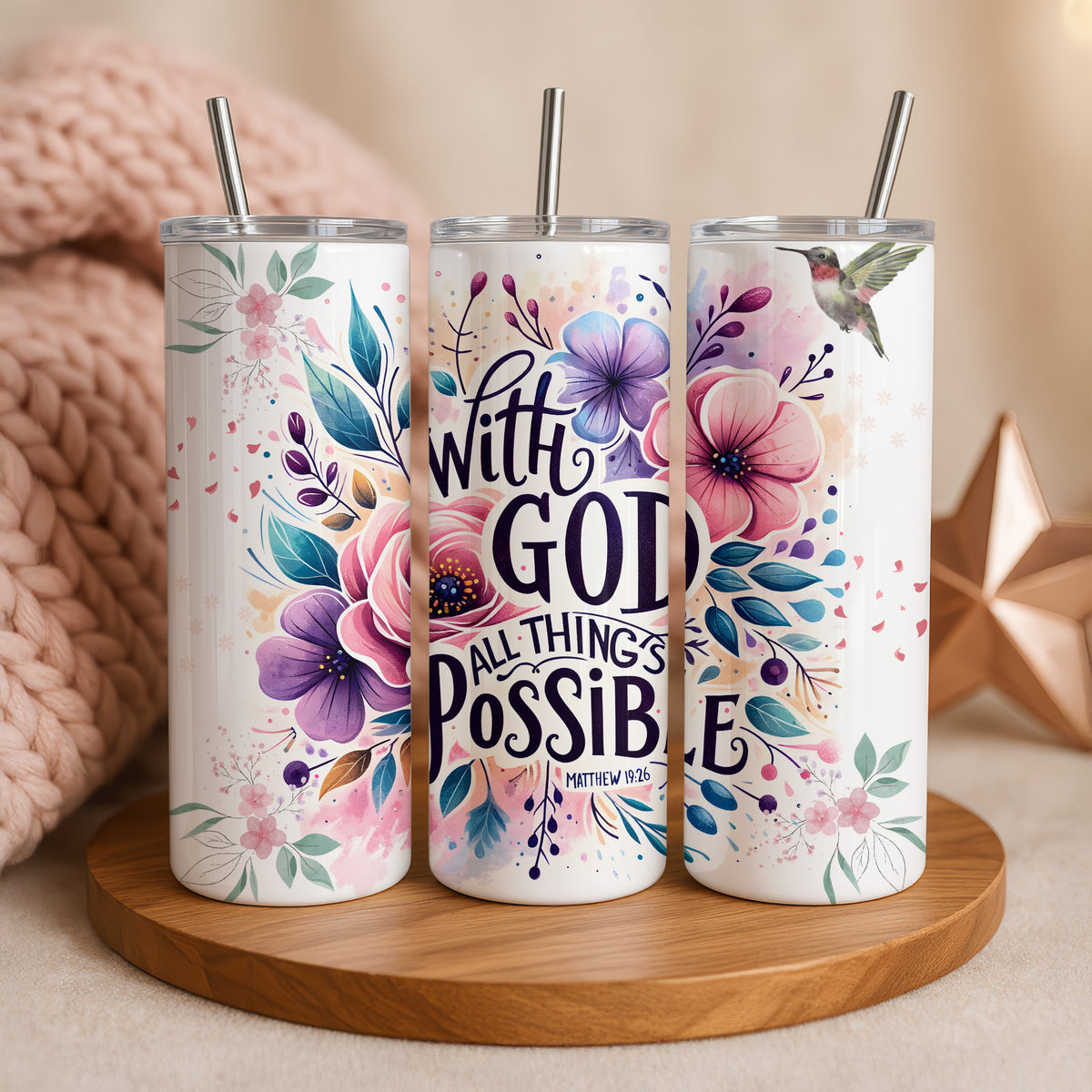 Christlicher Thermobecher „With God all things are possible“ – Florales Design mit Kolibri