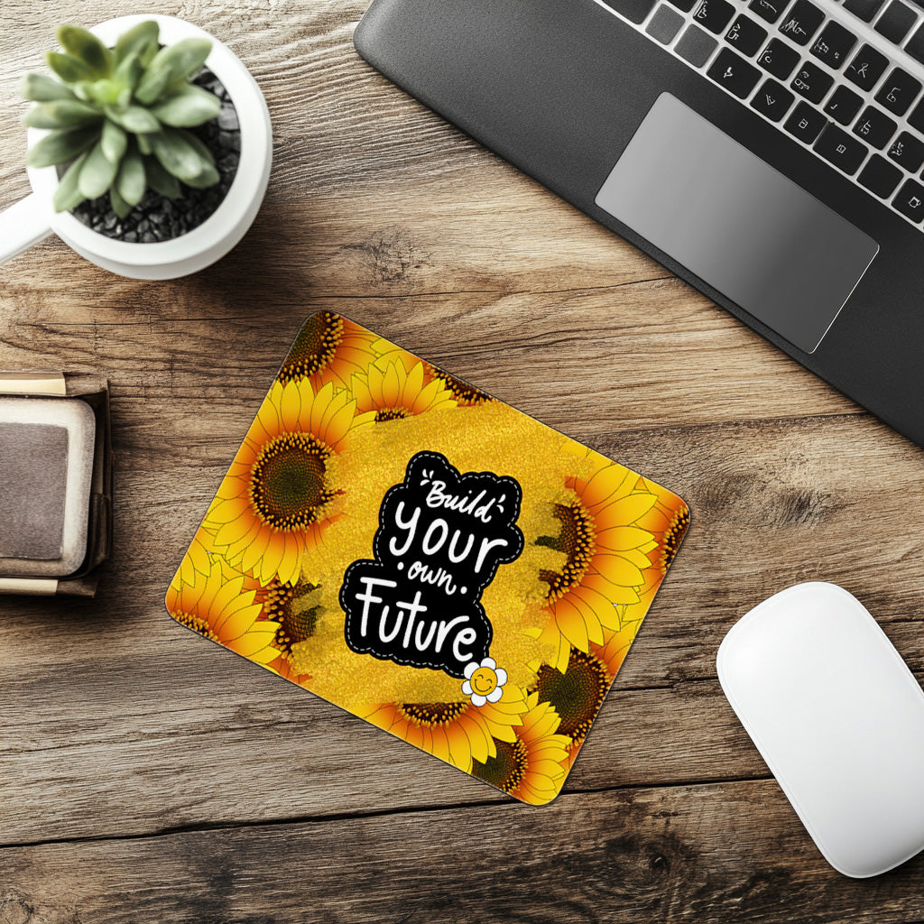Motivierendes Sonnenblumen Mauspad „Build Your Own Future“ – Modernes Mousepad mit inspirierendem Spruch – Schreibtisch Zubehör