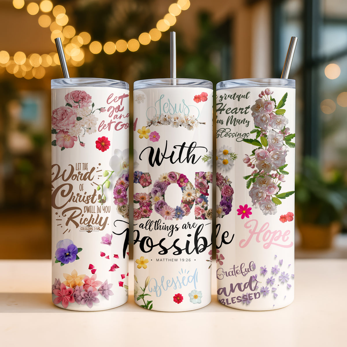 Christlicher Thermobecher „With God all things are possible“ – Florales Collage Design