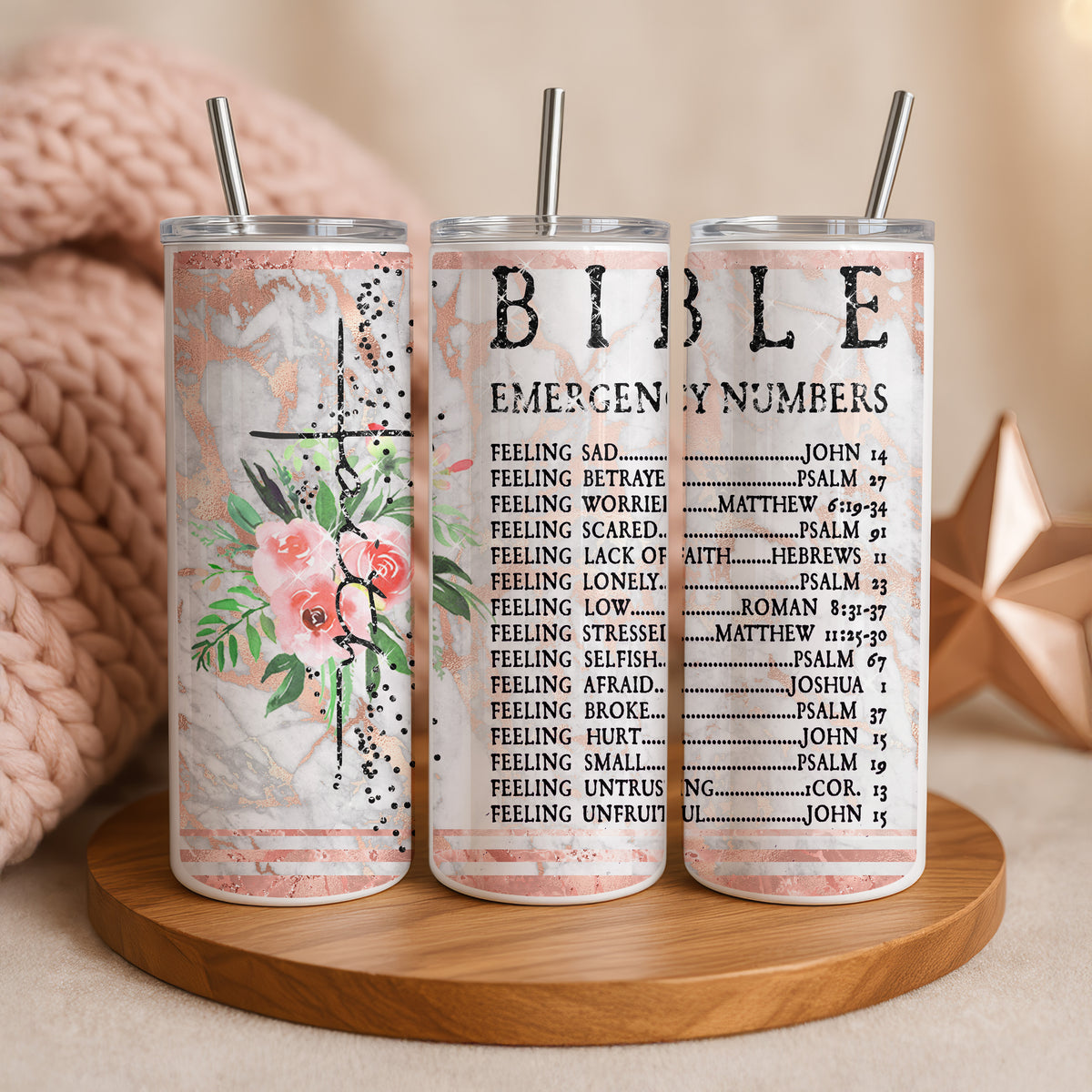 Thermobecher „Bible Emergency Numbers“ – Christliches Design mit Kreuz & Blumen