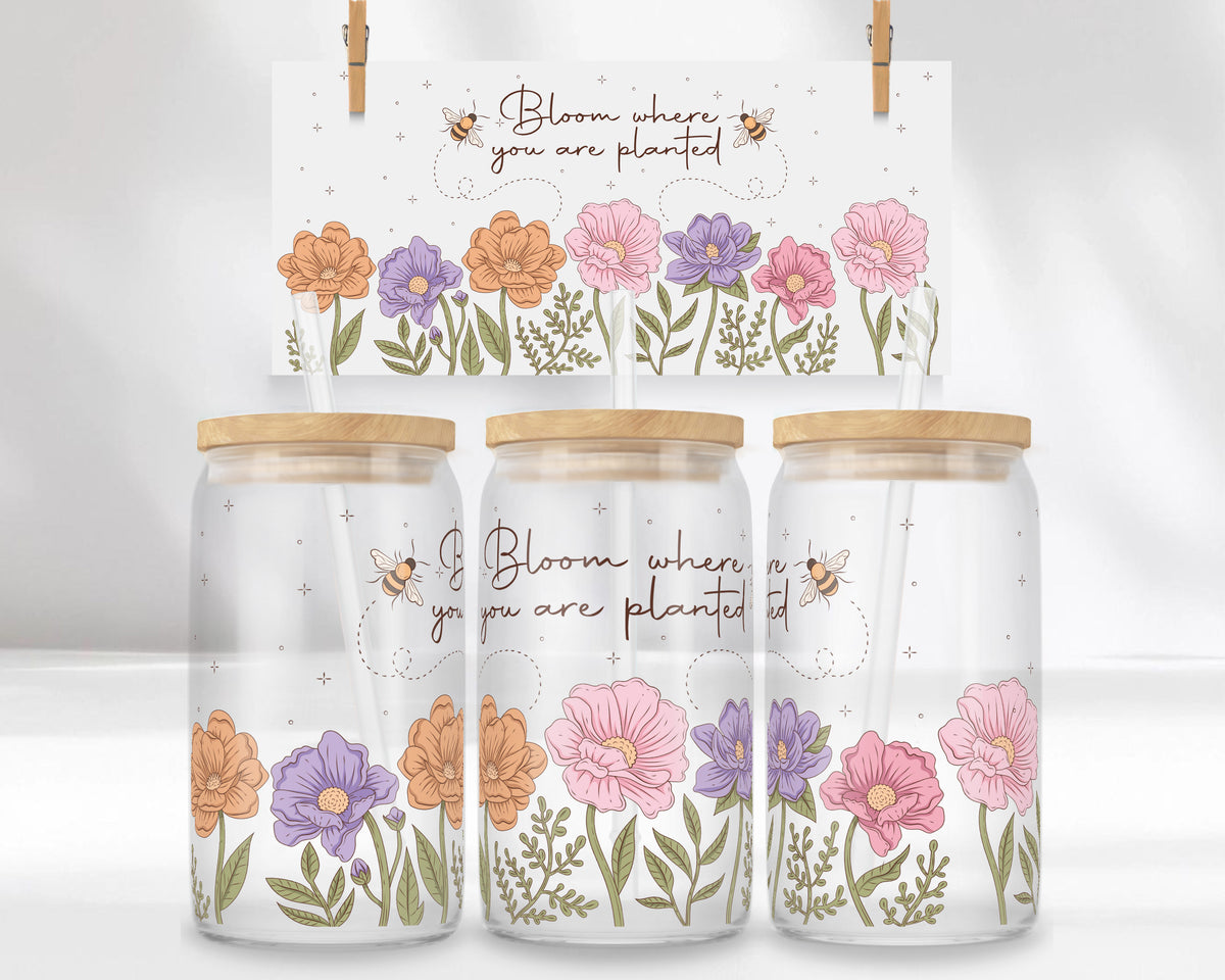 16oz Glasbecher mit Bambusdeckel und Glasstrohhalm „Bloom Where You Are Planted“