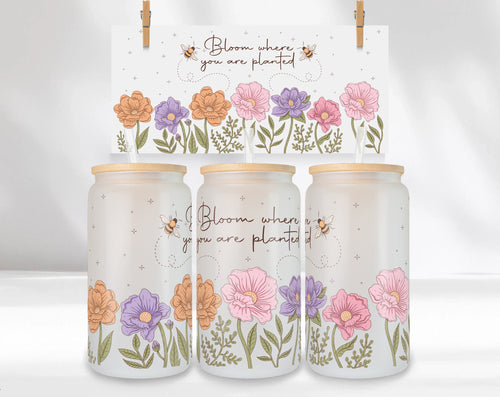 16oz Glasbecher mit Bambusdeckel und Glasstrohhalm „Bloom Where You Are Planted“