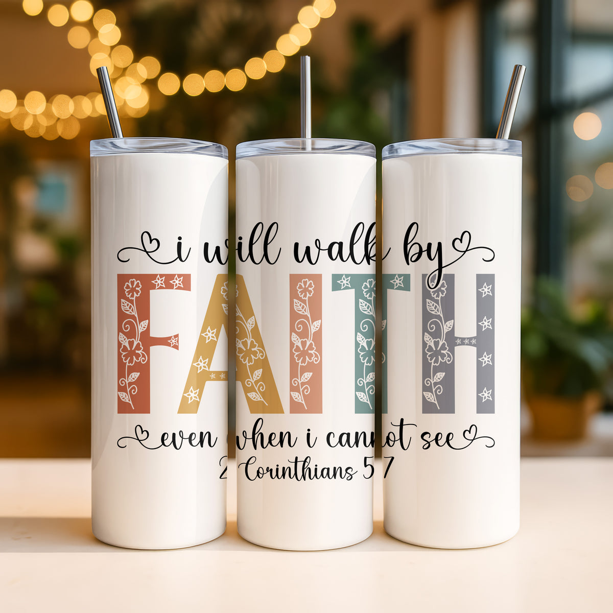 Thermobecher „Walk by Faith“ – Boho Christliches Design mit Bibelvers