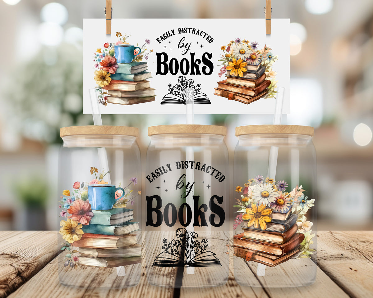 Glasbecher „Easily Distracted by Books“ – 16oz Libby Glas mit Bambusdeckel & Glasstrohhalm – Geschenk für Buchliebhaber & Leseratten