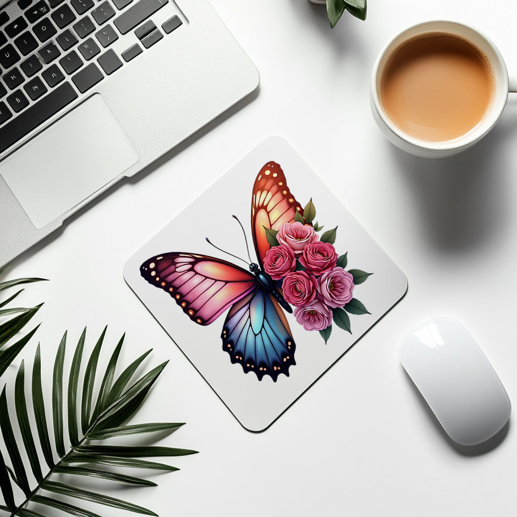Schmetterling Mauspad mit Rosen – Elegantes Blumen Design – Farbenfrohes Mousepad für Büro & Homeoffice