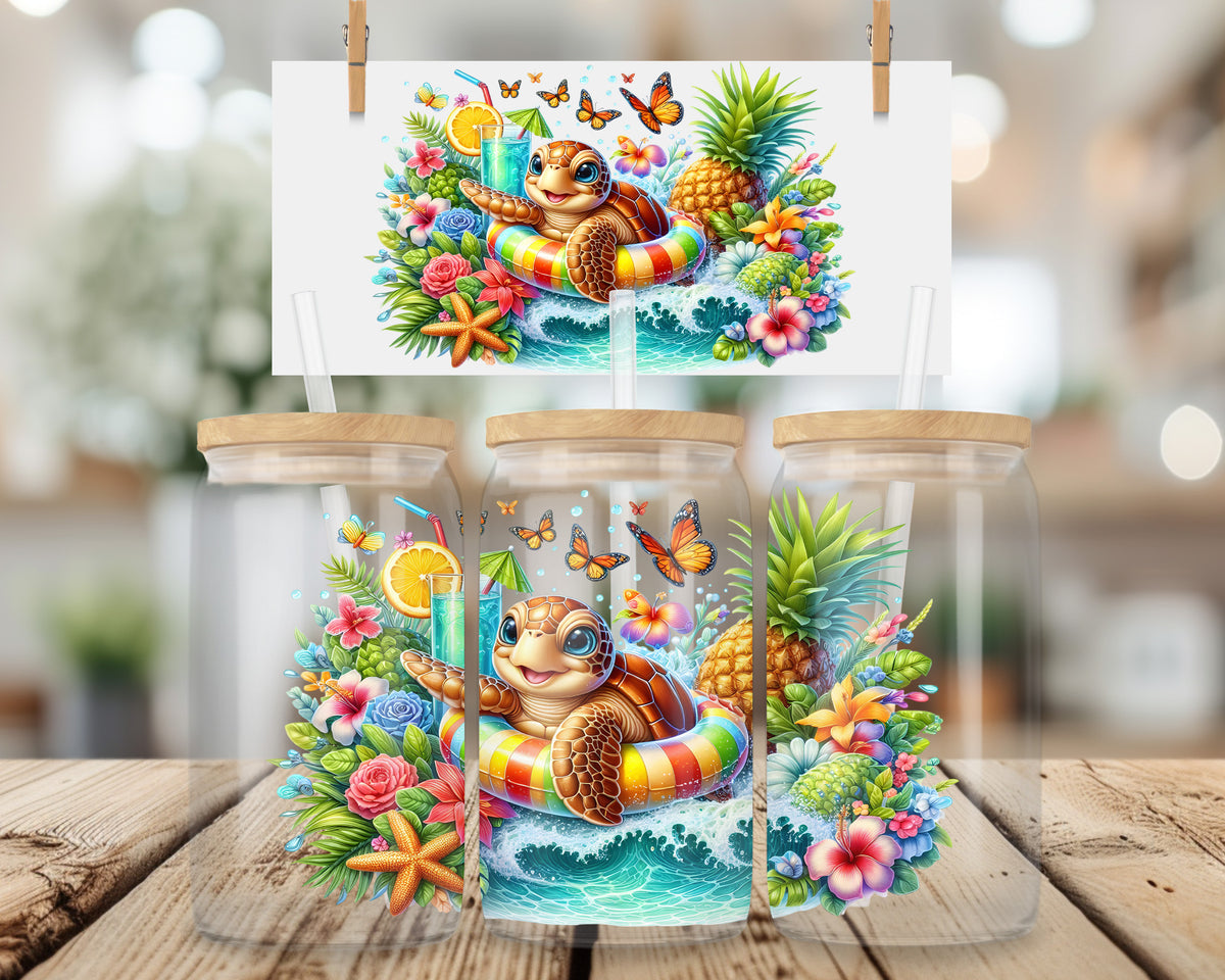 Süßer Schildkröten Glasbecher 16oz – Tropischer Sommer Libbey Cup mit Meeresschildkröte & Blumen – Iced Coffee Glas