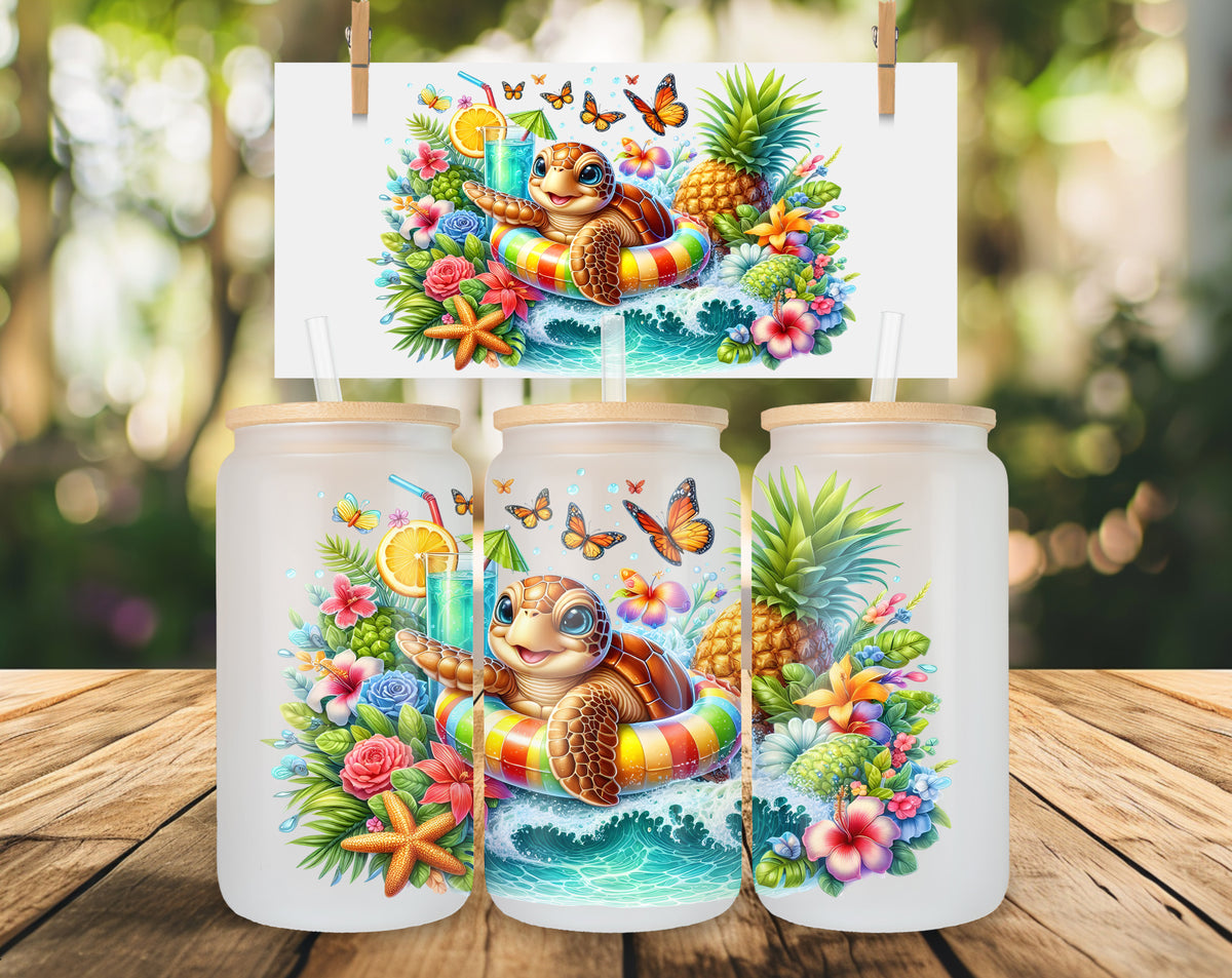 Süßer Schildkröten Glasbecher 16oz – Tropischer Sommer Libbey Cup mit Meeresschildkröte & Blumen – Iced Coffee Glas