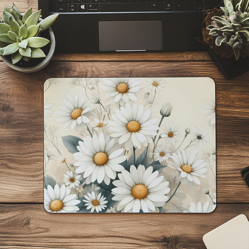 Elegantes Mauspad mit Gänseblümchen – Florales Mousepad in sanften Naturtönen – Schreibtisch Zubehör für Büro & Homeoffice