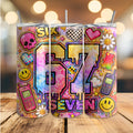 67 Vibes Skinny Tumbler – Lustiger Retro Edelstahlbecher | Bunter Smiley Tumbler | 20oz Thermobecher