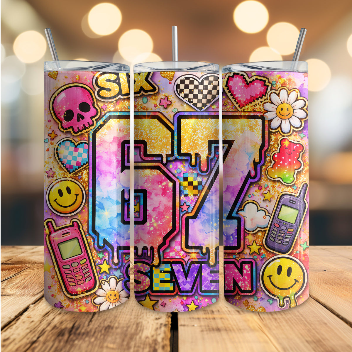 67 Vibes Skinny Tumbler – Lustiger Retro Edelstahlbecher | Bunter Smiley Tumbler | 20oz Thermobecher