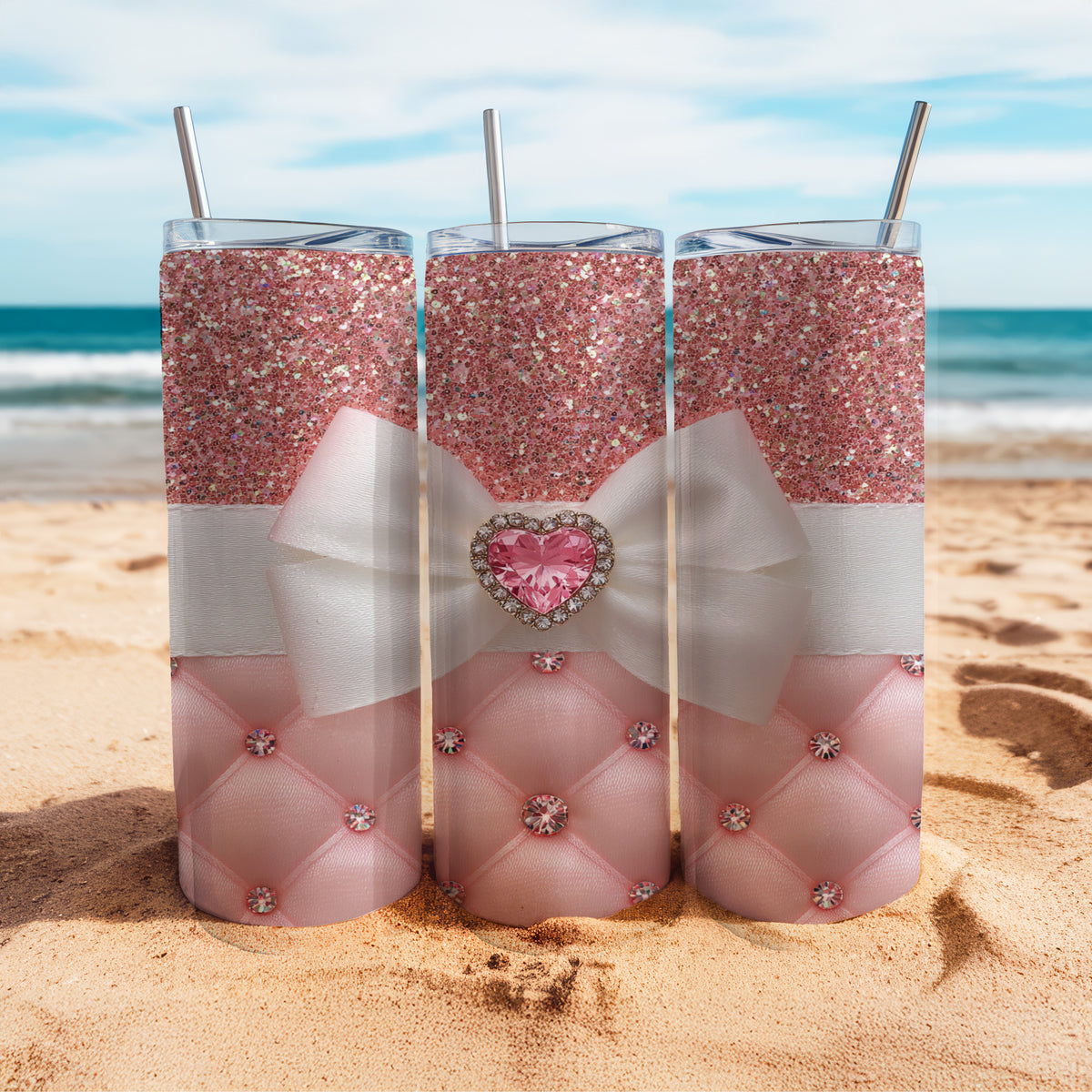 Rosa Glam Skinny Tumbler – Eleganter Glitzer Thermobecher | Pink Schleifen Design | 20oz Edelstahl Tumbler