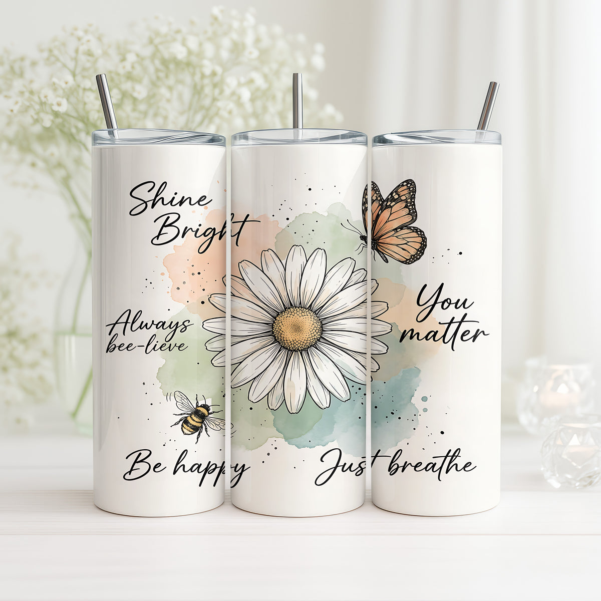 Shine Bright Tumbler 20oz – Motivations Tumbler mit Blumen & Schmetterling – Edelstahl Thermobecher mit Sprüchen
