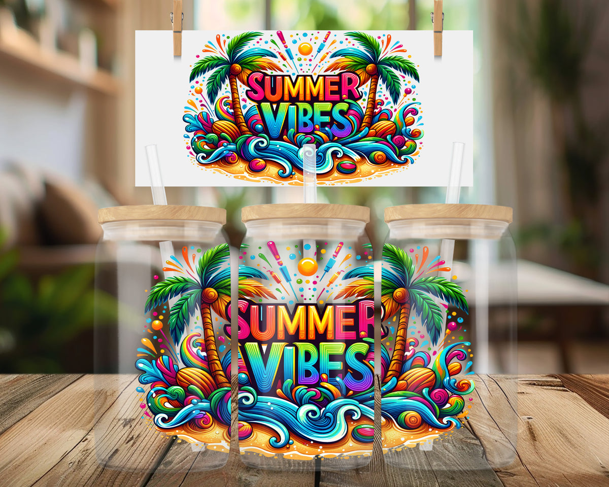 Summer Vibes Glasbecher 16oz – Bunter Sommer Libbey Cup mit Palmen & Retro Beach Design