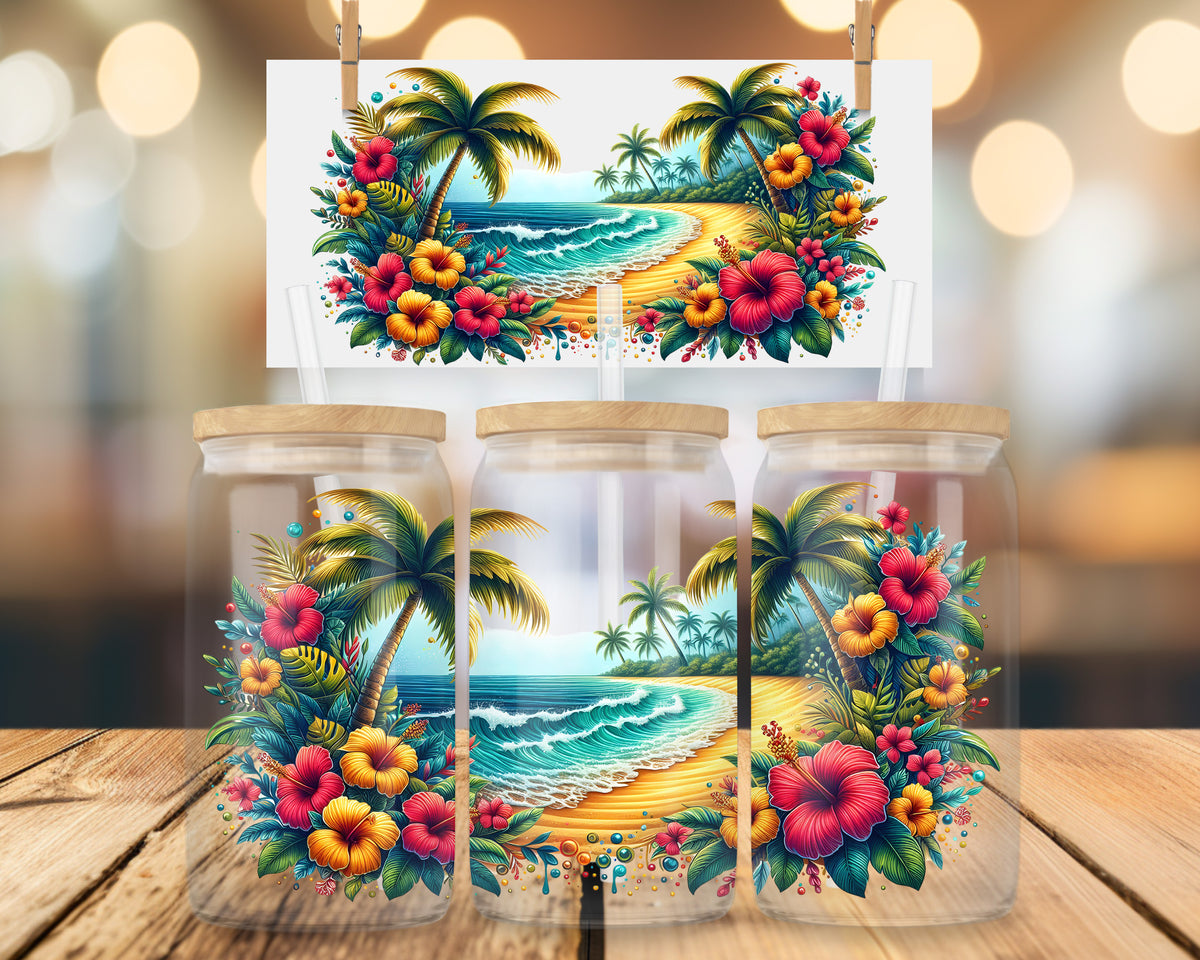 Tropischer Strand Glasbecher 16oz – Sommer Libbey Cup mit Palmen & Hibiskusblumen – Beach Iced Coffee Glas
