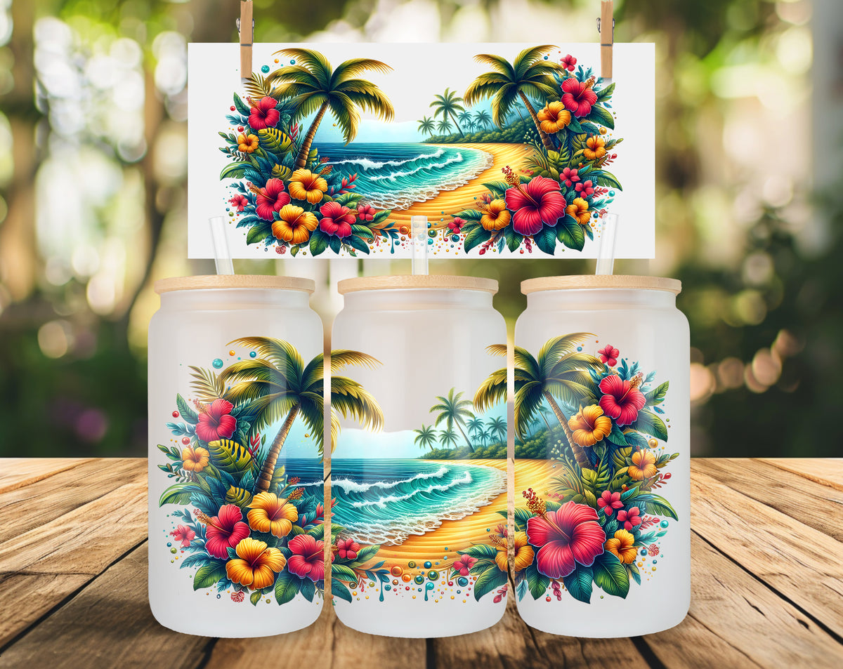 Tropischer Strand Glasbecher 16oz – Sommer Libbey Cup mit Palmen & Hibiskusblumen – Beach Iced Coffee Glas