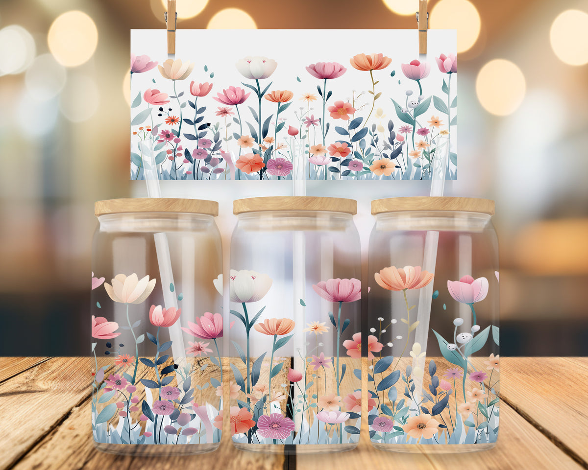 Blumen Glasbecher 16oz mit Bambusdeckel & Glasstrohhalm – Libby Glass Cup mit floralem Design – Ästhetischer Iced Coffee Becher