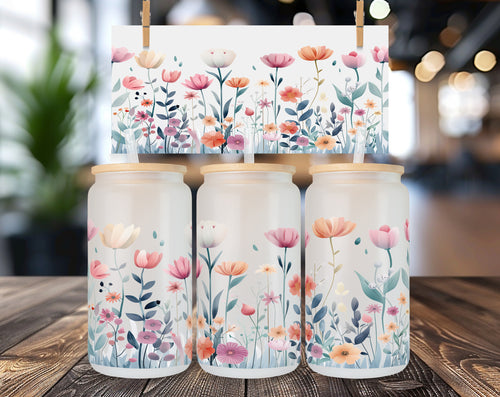 Blumen Glasbecher 16oz mit Bambusdeckel & Glasstrohhalm – Libby Glass Cup mit floralem Design – Ästhetischer Iced Coffee Becher