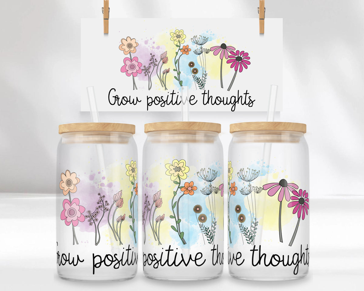Positive Quotes Glasbecher 16oz mit Bambusdeckel & Glasstrohhalm – „Grow Positive Thoughts“ – Floral Libby Glass Cup