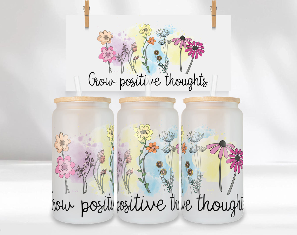 Positive Quotes Glasbecher 16oz mit Bambusdeckel & Glasstrohhalm – „Grow Positive Thoughts“ – Floral Libby Glass Cup