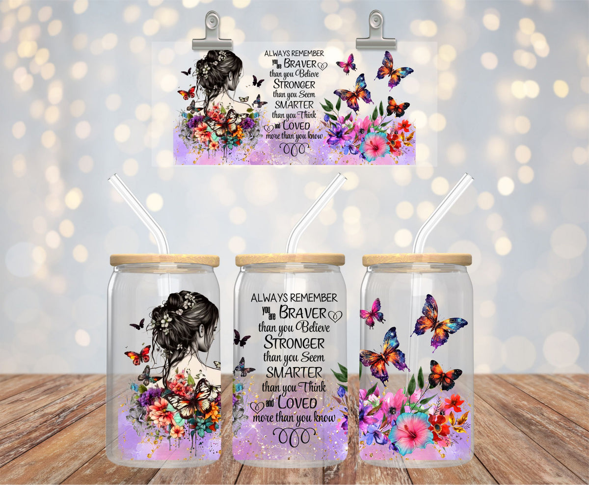 Motivational Butterfly Glasbecher 16oz mit Bambusdeckel & Glasstrohhalm – Inspirational Libby Glass Cup – Floral Butterfly Tumbler