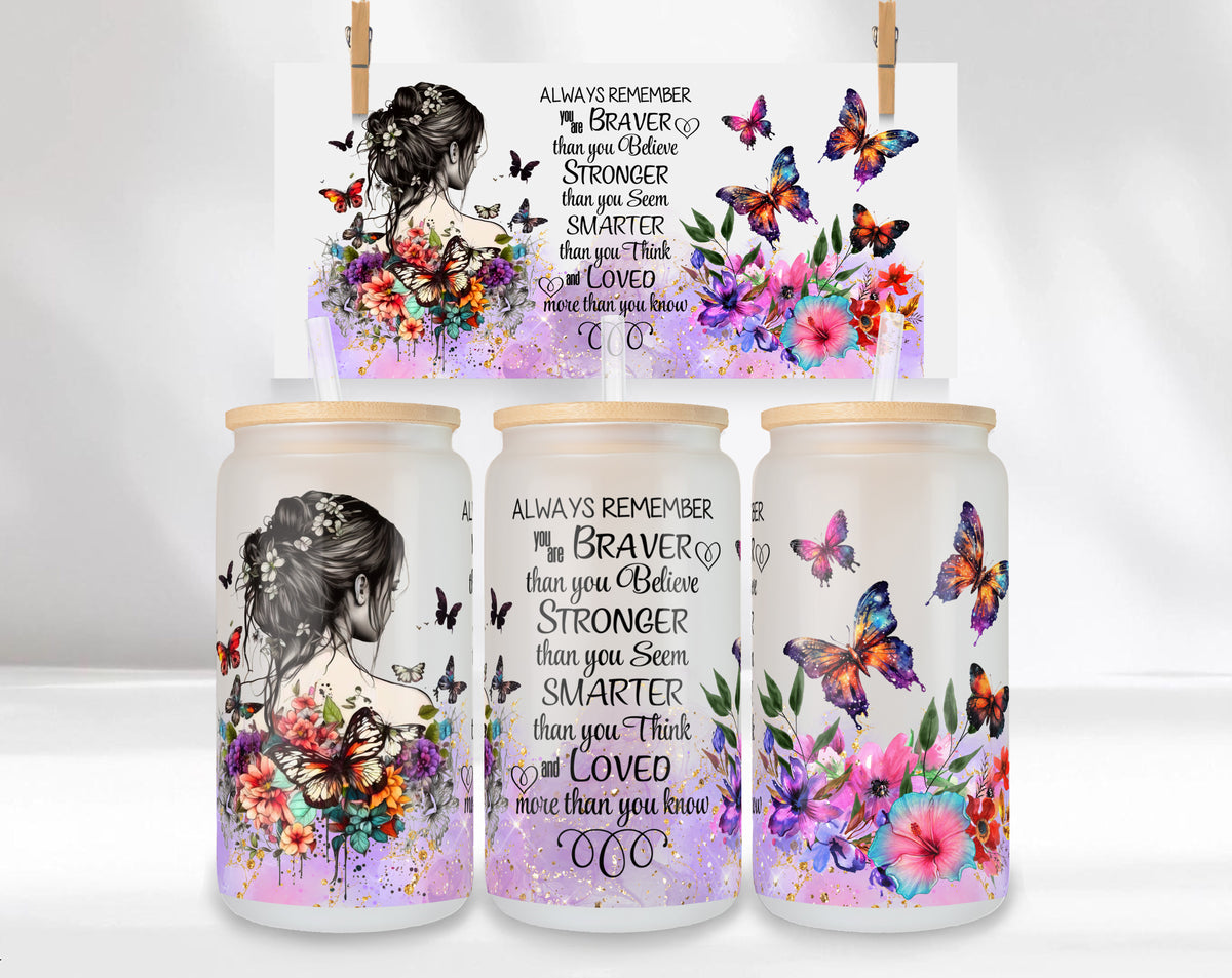 Motivational Butterfly Glasbecher 16oz mit Bambusdeckel & Glasstrohhalm – Inspirational Libby Glass Cup – Floral Butterfly Tumbler