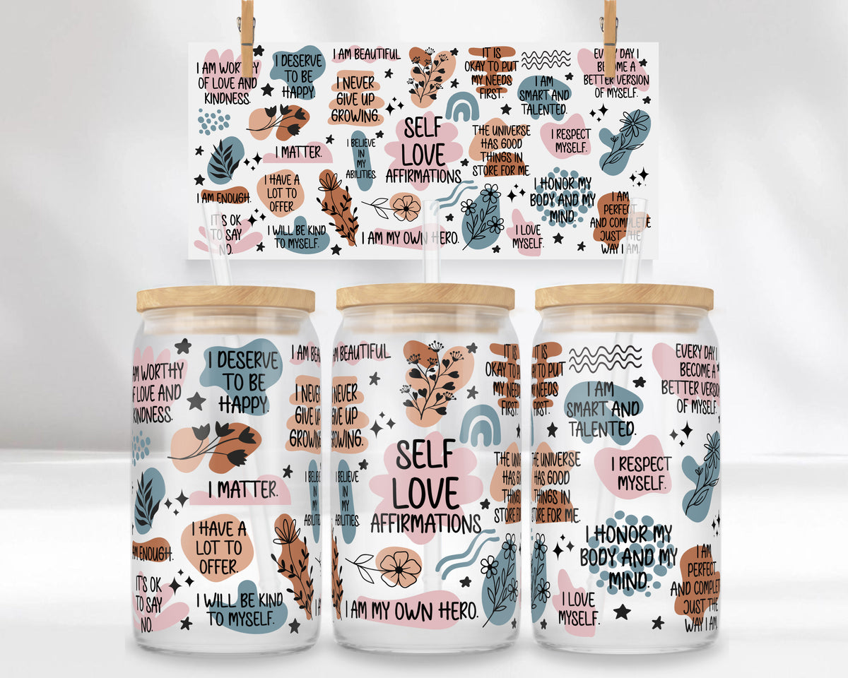 Self Love Affirmations Glasbecher 16oz mit Bambusdeckel & Glasstrohhalm – Motivational Libby Glass – Positive Affirmation Cup