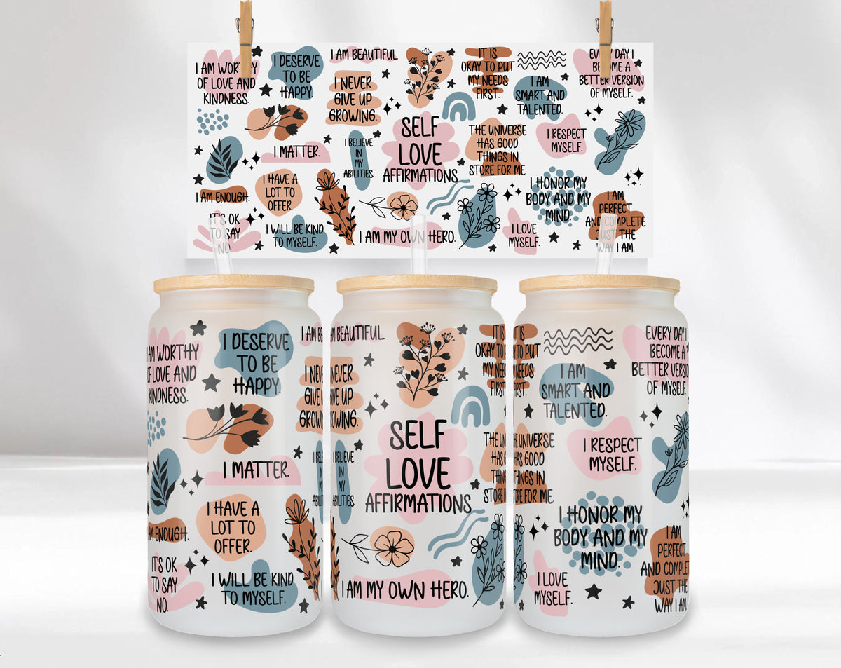 Self Love Affirmations Glasbecher 16oz mit Bambusdeckel & Glasstrohhalm – Motivational Libby Glass – Positive Affirmation Cup